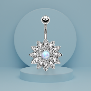 Silver daisy-shaped earrings with opal center and intricate crystal-studded petals, hanging elegantly from a Silver stud.