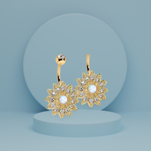 Golden daisy-shaped earrings with opal center and intricate crystal-studded petals, hanging elegantly from a gold stud