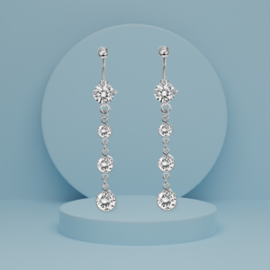 Silver cascading earrings with a round-cut crystal stud and linked crystal drops, offering an elegant and refined look.