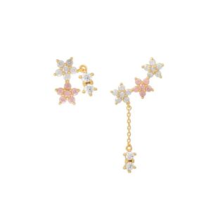 Gold earrings featuring floral designs with pink and white crystals, one with a cascading chain detail.