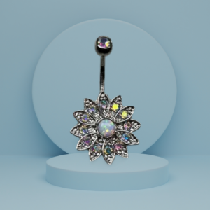 Silver daisy-shaped earrings with opal center and intricate crystal-studded petals, hanging elegantly from a Silver stud.