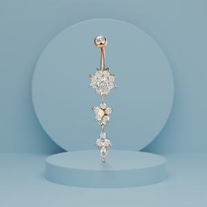 Rose Radiant Star earrings with intricate crystal snowflake-inspired designs, elegantly dangling from a polished Golden stud.